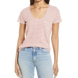 Caslon Nordstrom Rounded V-neck Pink and White Striped